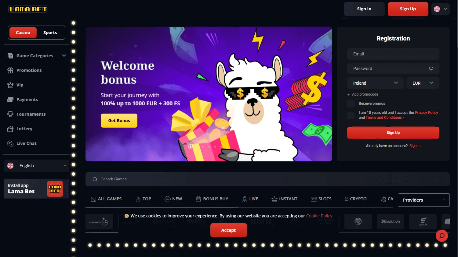Lamabet Casino desktop home screen with casino offer and game categories