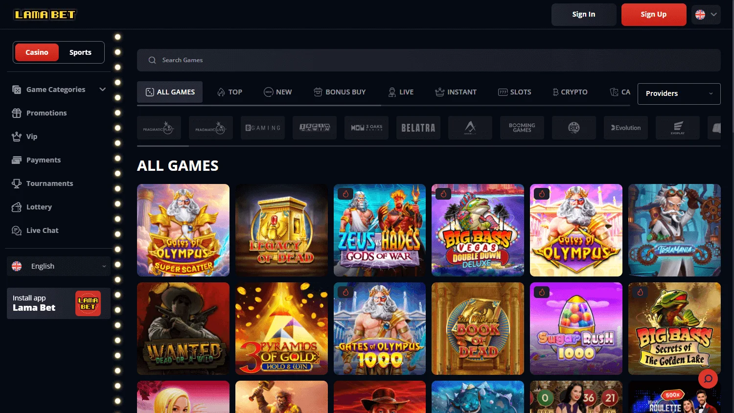 Lamabet Casino desktop games lobby with pokies, live casino and table game categories