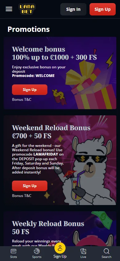 Lamabet Casino mobile promotions area with player offers
