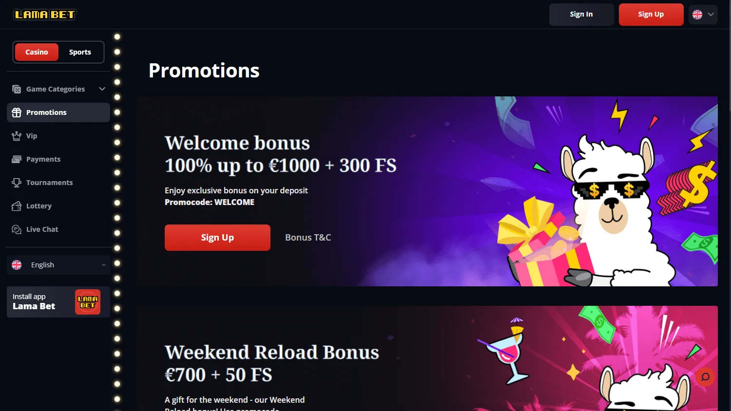 Lamabet Casino desktop promotions area with welcome and ongoing player offers