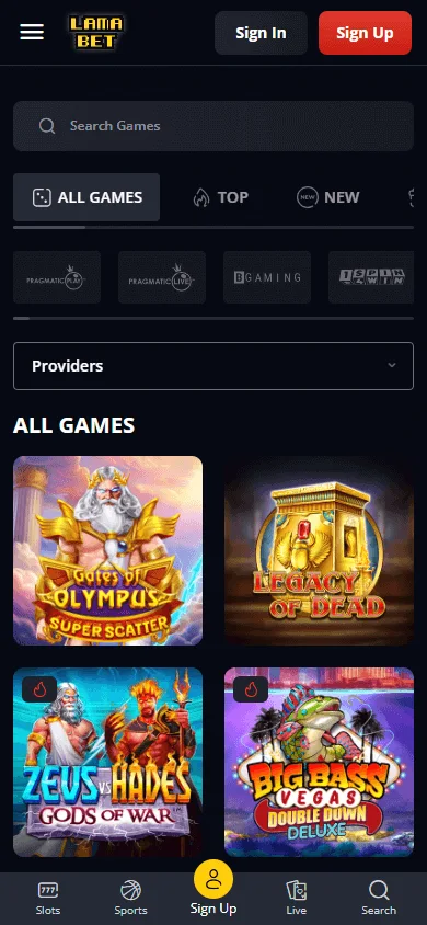 Lamabet Casino mobile games lobby with casino categories